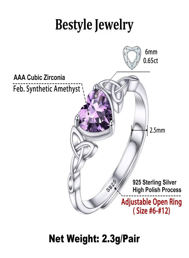 Bestyle Birthstone Celtic Heart Ring for Women, 925 Sterling Silver Adjustable Claddagh Rings, Amethyst Irish Wedding Band Promise Engagement Ring Jewelry Gift (Feb Celtic) - Image 5